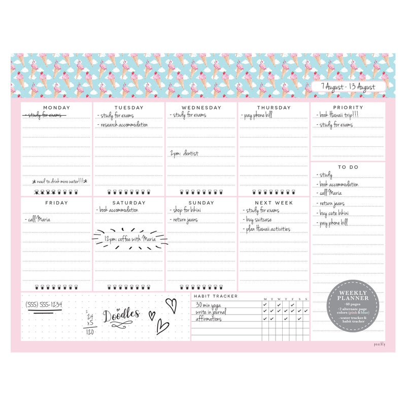 Peachly Undated Desk Planner Pad - 52 Pages Weekly Notepad with To Do List and Habit Tracker | Weekly Desk Pad Tear Off for Organization (Ice Cream) - Image 1